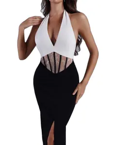 Sexy Lacey see-through black and white contrast halterneck corset midi dress high-end elegant formal women dress