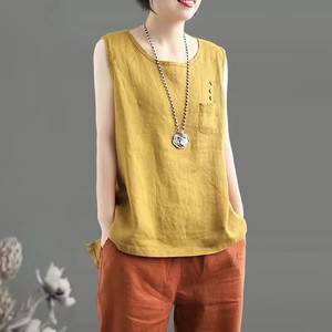 Women's Sleeveless Linen Cotton Vest Solid Color Round Neck Pocket Breathable Tank Top Spring Summer Wear - Product Image 3