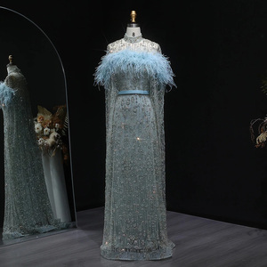 Jancember LSZ665 <span class=keywords><strong>elegante</strong></span> <span class=keywords><strong>blu</strong></span> piuma cintura mantello manica abiti da sirena abito - Product Image 2