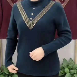 Women's Knit <b>Top</b> Coffee Color Rhinestone V-Neck Long Sleeve Soft Warm Base <b>Layer</b> Slim Fit Autumn Winter Wear - Product Image 5