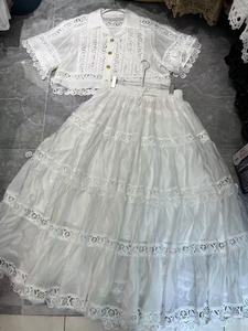 Tuta alla moda primavera estate nuovo Design moda donna <span class=keywords><strong>maglia</strong></span> Vintage a maniche corte in <span class=keywords><strong>pizzo</strong></span> con gonna lunga a trapezio - Product Image 6