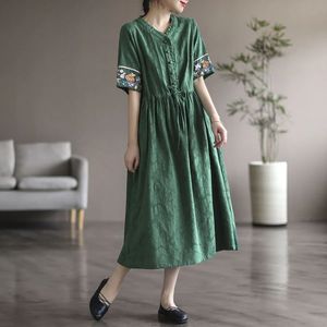 Washed Jacquard Cotton Mid Length <b>Dress</b> With Embroidery V Neck A Line <b>Elastic</b> Waist For Women Daily Wear Short Sleeve Orange - Product Image 4