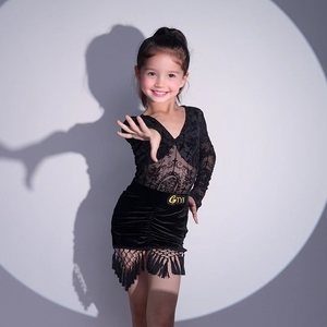 高品質ブラックラテンダンスドレス女の子用フリンジレース練習服キッズ用コスチューム - Product Image 3