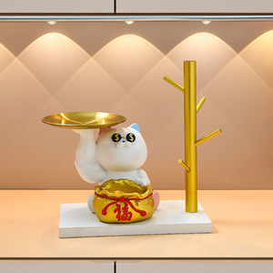 Lucky Cat Resin Ornament With Gold Tray And Money Bag Storage Desktop Decoration For Living Room Or Entryway - Product Image 2