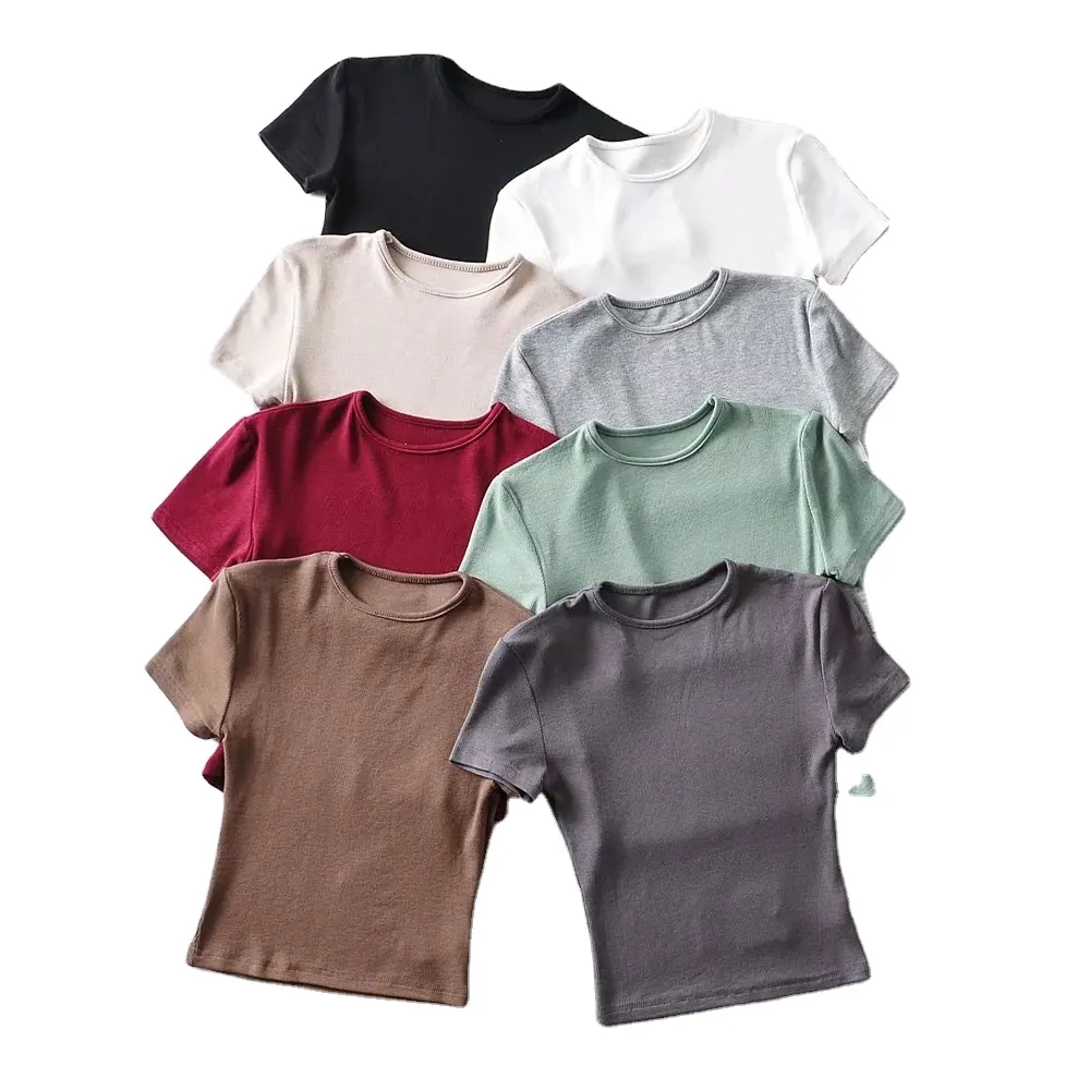 Round neck solid color short sleeve T-shirt summer style women's new tight crop top shirts