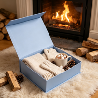 Coffret Cadeau Hiver Bleu Confortable avec Écharpe Tricotée, Gants, Moufles, Tasse à Cacao et Emballage Cheminée – Ensemble Cadeau de Fêtes en Gros