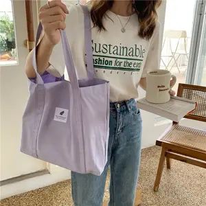 Women Blank Custom Logo Simple Pure Color Literary Artistic Retro Single Shoulder Cotton Canvas Shopping Tote Bag