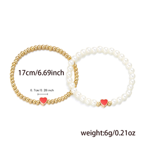 Pulsera Ajustable de Perlas Sintéticas con Espaciador Dorado, Brazalete Elástico con Cuentas y Dije de Corazón, Joyería Boho en Capas, Regalo - Product Image 1