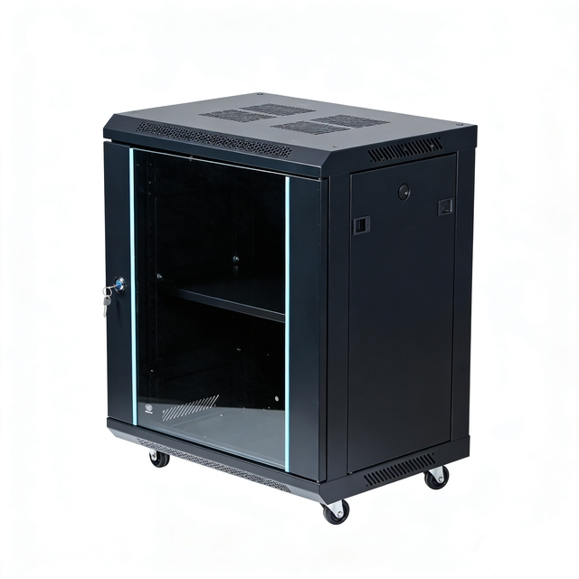 12U Server Cabinet 19 Inch 600*600*450mm Floor/wall-mounted with Tempered Glass Door SPCC Steel IP20 protection Grade Spot.