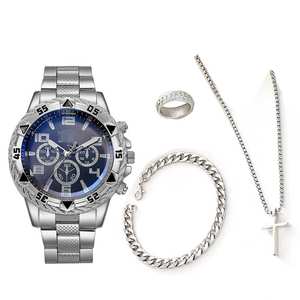 Montre pour hommes en alliage de mode <span class=keywords><strong>faux</strong></span> trois yeux <span class=keywords><strong>bracelet</strong></span> en acier décontracté montre collier <span class=keywords><strong>Bracelet</strong></span> bague ensemble - Product Image 4