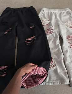 Pantalon de survêtement décontracté pour homme, à carreaux, double couche, épais, ample et déchiré - Product Image 1