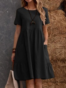 Women's <b>Loose</b> Fit Cotton Linen <b>Dress</b> Summer Round Neck Short Sleeve Casual <b>Dress</b> With Pockets - Product Image 3
