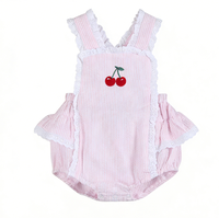 Barboteuse d'été décontractée pour bébés filles, motif brodé fruits, imprimé rayé, en tissu de coton tissé personnalisé, bretelles croisées