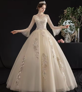 NDB10315 Abito da <span class=keywords><strong>Sposa</strong></span> Principale Nuovo Modello Lussuoso Qi Sottile Colore Champagne Retrò Maniche Lunghe Semplice per Bambina - Product Image 1