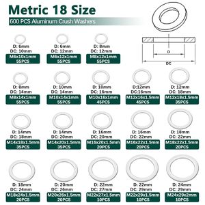Kit de Tapones de Drenaje de Aceite con Arandela Métrica, 600 Piezas, M6 M8 M10 M12 M14 M16 M18 M20 M22 M24, Junta de Sellado de Aluminio - Product Image 4