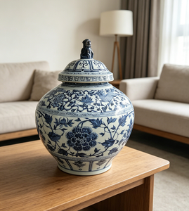 Pot en porcelaine bleu et blanc de style dynastie <span class=keywords><strong>Yuan</strong></span>, urne en céramique peinte à la main avec motif de phénix et de pivoine - Product Image 5