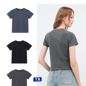 Camiseta básica de algodón para mujer, Camiseta básica de manga corta con cuello redondo <span class=keywords><strong>rosa</strong></span> ajustada para verano, Camiseta básica fina para niñas y bebés - Product Image 2