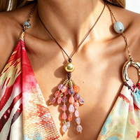 Collier vintage coloré à pampilles perlées pour femme, longue chaîne en corde avec pendentif en résine, style bohème, pour pull, vente en gros