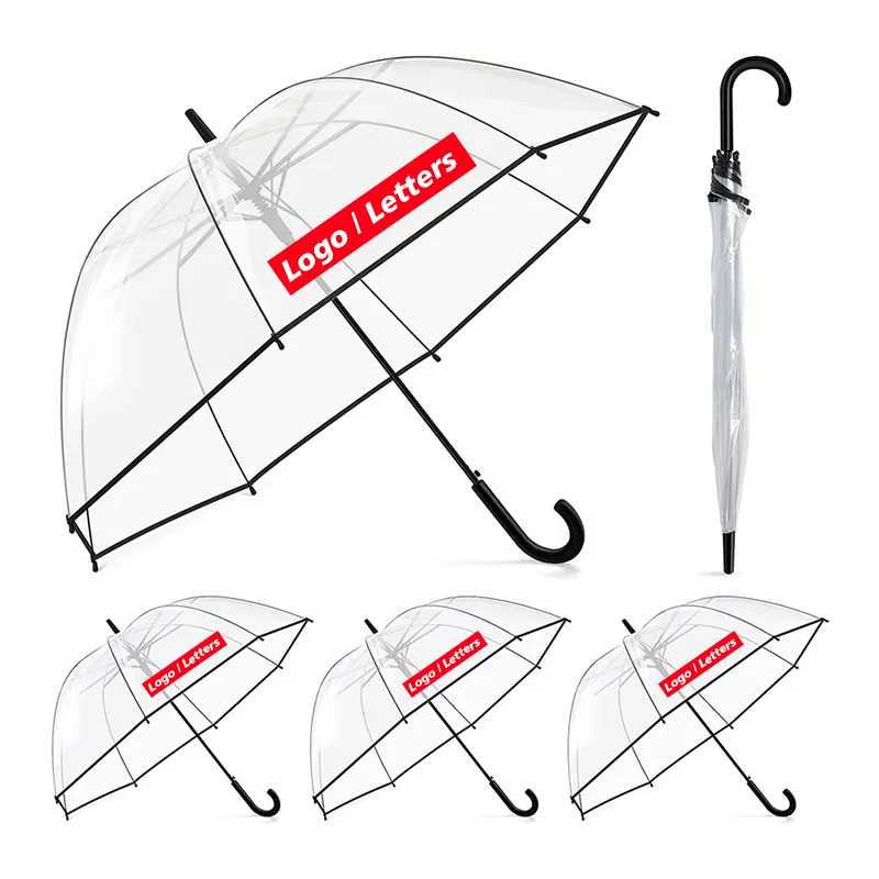 Promotional Outdoor J Hook Plastic Handle Transparent Windproof Custom Straight POE Umbrellas with LOGO