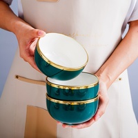 Service de vaisselle rond nordique pour la maison, luxe léger, bols et assiettes en céramique à bord doré, motif uni, vert émeraude
