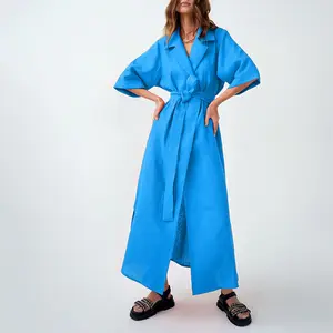 Premium Fashion Suit Collar Design Women'S Cotton And Linen Long Dress A Line Wrap Dress