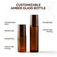 Flacon roll-on en verre ambré givré avec bouchon en bois pour huile essentielle, parfum, conteneur portable rechargeable à bille roulante 5ml 10ml