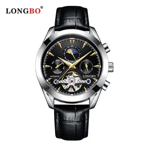 LONGBO jam tangan mekanis otomatis, jam tangan olahraga 83250 desain Bran mewah modis tahan air untuk pria kulit kaca