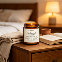 Pot à bougie brun ambre, récipient en verre lisse pour le versement de cire, design d'étiquette crème minimaliste et décoration intérieure de style farmhouse
