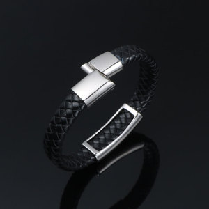 Men's Wheat Ear Leather Bracelet <b>Titanium</b> Steel Black Braided Plant Pattern Gift Jewelry CE538 - Product Image 3