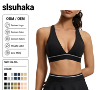 Soutien-gorge de sport pour femme à col en V profond, dos croisé, à rayures contrastées, avec coussinets amovibles, dos élégant, pour fitness, yoga, tennis