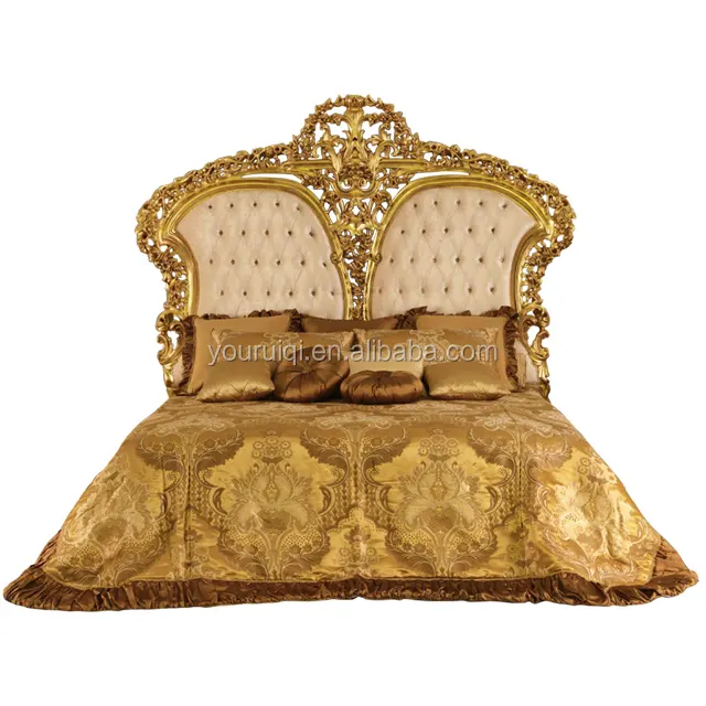 Rococo Doré En Bois Sculpté Tissu Lit du Roi De Luxe 24k Or Europe Meubles De Chambre À Coucher De Conception