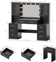 Bureau de toilette noir avec miroir, lumières, modes d'éclairage Bureau de maquillage avec 8 tiroirs, coiffeuse Ensemble de coiffeuse avec miroir éclairé