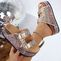 Sandales compensées pour femmes et jeunes filles, style mode, à strass, à enfiler, à double boucle, pour l'été et l'extérieur, avec tige en PU et semelle extérieure en liège