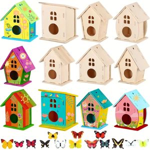 Kit lukisan rumah burung kayu DIY-Set rumah burung lengkap dengan kerajinan rakitan untuk dekorasi taman kreatif dan aktivitas anak-anak - Product Image 1