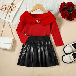 Nouvel ensemble deux pièces pour filles : veste décontractée unie à manches longues avec col orné de nœuds et de perles, et <span class=keywords><strong>jupe</strong></span> plissée en similicuir PU pour l'automne - Product Image 2