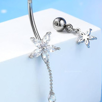 Bijoux de piercing pour nombril en acier inoxydable hypoallergénique, zircon, motif goutte d'eau et fleur, style Europe-Amérique, à la mode, avec lune