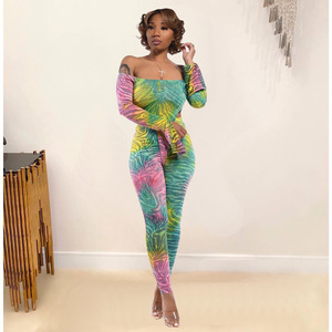 Femmes 2 Pièces Cravate Colorant <span class=keywords><strong>Combinaison</strong></span> <span class=keywords><strong>Grande</strong></span> <span class=keywords><strong>Taille</strong></span> Sexy Hors Épaule Longues Manches Évasées Et <span class=keywords><strong>Pantalon</strong></span> Barboteuses - Product Image 3