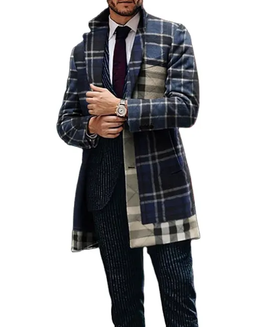 Popular Men's Tweed Plaid Coat Jacket Casual Business Long Sleeves Single-breasted Winter Men's Coat