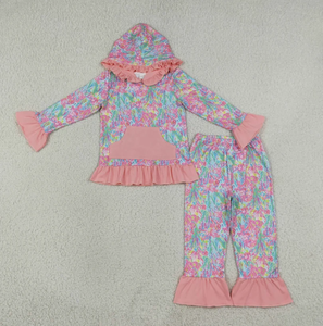 Wholesale Casual <b>Cute</b> Floral Bunny Pattern Eco-Friendly Kids Sister Matching Clothes Ruffle Hoodie Bell Bottom Pant Set - Product Image 3