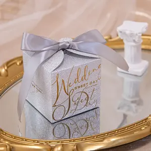 Kotak hadiah permen kotak hadiah pernikahan emas perak kertas Glitter mewah dengan pita mutiara