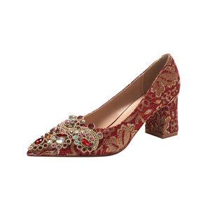 6555F-007 <b>Red</b> Crystal Pointed Toe <b>Heels</b> Women Wedding Dress Shoes Bride Formal Evening Wear - Product Image 4