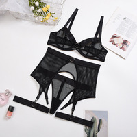 Ensemble sexy de Lingerie 3 pièces, sous-vêtements, noir, soutien-gorge et culotte transparents avec ceinture, jarretelles