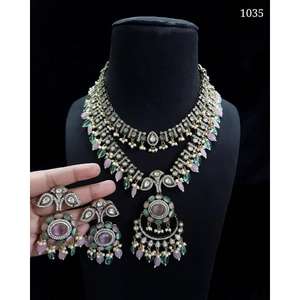 Conjunto de collar de Polki de diseñador de lujo victoriano con pendientes, joyería nupcial de latón pulido Para Boda y celebración de fiesta - Product Image 1