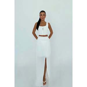 High Quality <b>White</b> Two-Piece <b>Shorts</b> Set Above <b>Knee</b> <b>Length</b> with Slit Detail for Summer or Fall XS Size - Product Image 3