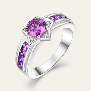 时尚925纯银圆形切割紫水晶神秘黄玉戒指结婚戒指