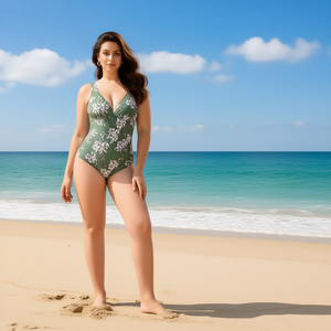 Costume da bagno intero HDJ Plus Size con stampa floreale, scollo a V profondo, controllo della pancia, vita alta, costume da bagno da donna BZ77070 - Product Image 3