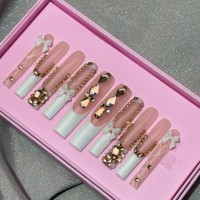Uñas Postizas de Lujo de Marca Privada, ABS, Extra Largas, Estilo Ataúd, Hechas a Mano, Uñas Francesas de Cobertura Completa, Diseño Artificial