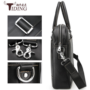 Tiding Men's Genuine Leather <b>Briefcase</b> 14 Inch Laptop Bag Business Travel Shoulder Bag Solid Color Zipper Closure - Product Image 2