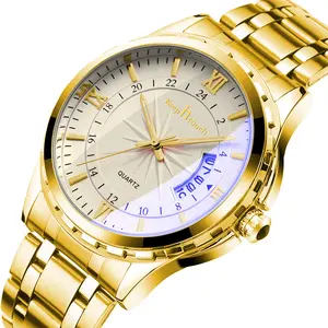 Reloj de pulsera de acero inoxidable para hombre, de lujo, Color dorado, con logotipo personalizado, de cuarzo, gran oferta