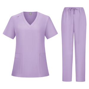 Women's Scrub Set Purple V Neck Short Sleeve Top With Pockets And Drawstring Pants For Hospitals Clinics Salons - Product Image 1